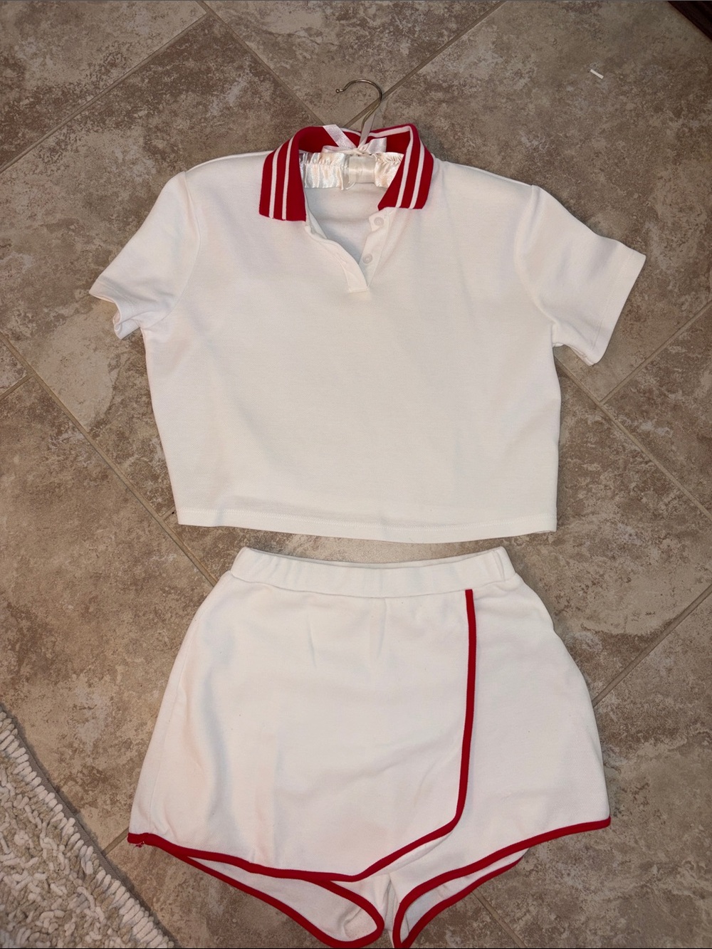 Sadie & Sage White Short Sleeve Polo Crop Top with Red Trim Shorts Set